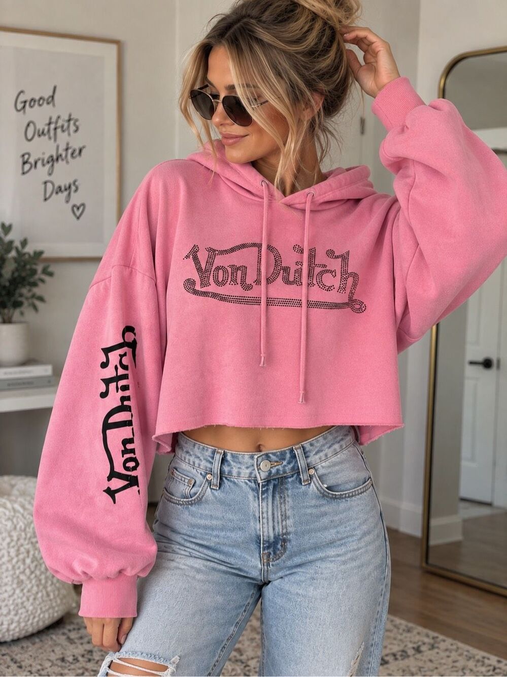 Von Dutch Pink Rhinestone Logo Cropped Oversized Hoodie Size Large Y2K